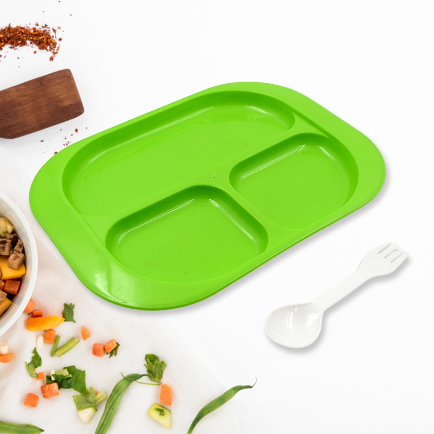 5554 Plastic Food Plates / Biodegradable 3 Compartment Square Plate With Spoon for Food Snacks / Nuts / Desserts Plates for Kids, Reusable Plates for Outdoor, Camping, BPA-free (1 Pc) 5554 Plastic Food Plates / Biodegradable 3 Compartment Square Plate With Spoon for Food Snacks / Nuts / Desserts Plates for Kids, Reusable Plates for Outdoor, Camping, BPA-free (1 Pc)